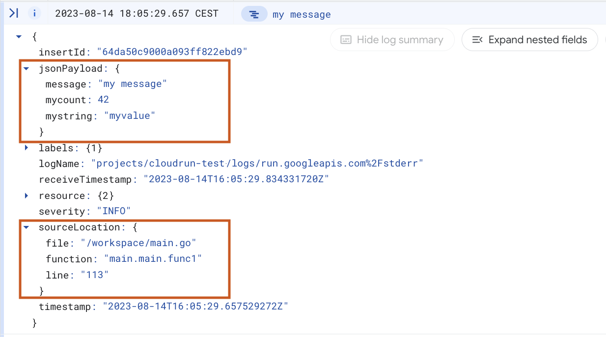 Cloud Logging screenshot with structured log output